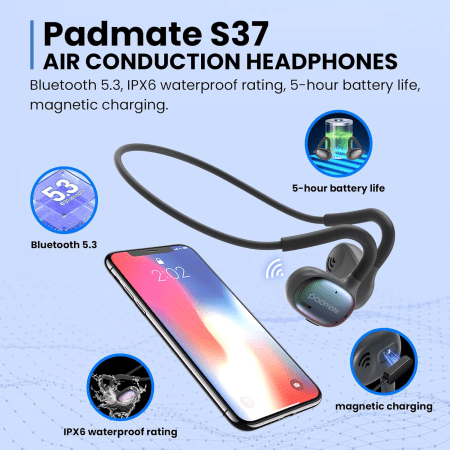 Open Ear Air Conduction Wireless Bluetooth 5.3 Headphones-Waterproof, Dual Mic Noise Cancelling Headphones, 360° Foldable Sport Running Bluetooth Headset Earphones Magnetic Charging Black