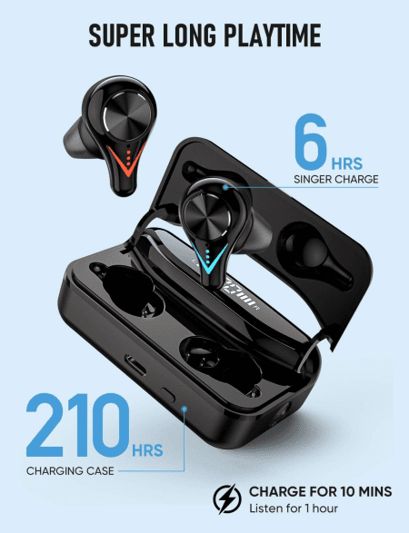 L11 Wireless Earbuds, TWS Bluetooth Earphones Touch Control, Sport Headphones with Microphone, Stereo In-Ear Headset with Bass, LED Flashlight, 210H Playtime/Cvc 8.0/USB-C, Black