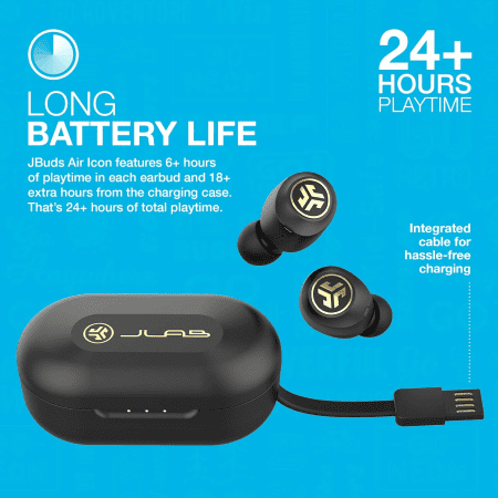 Jbuds Air Icon True Wireless Signature Bluetooth Earbuds + Charging Case, Black & Gold, IP55 Sweat Resistance, Bluetooth 5.0 Connection, Stereo Phone Calls, 3 EQ Sound Settings