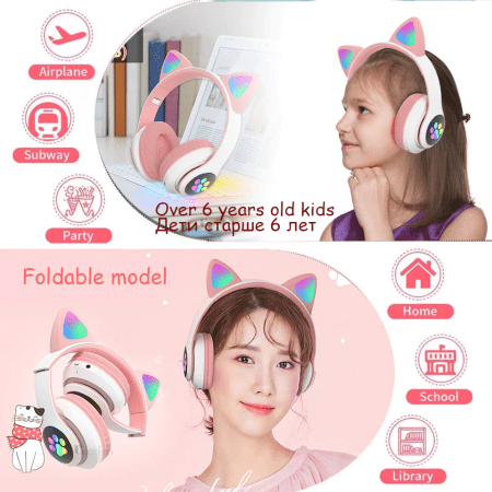 Flash Light Cute Cat Ear Headphones Wireless with Mic Can Close LED Kids Girls Stereo Phone Music Bluetooth Headset Gamer Gift