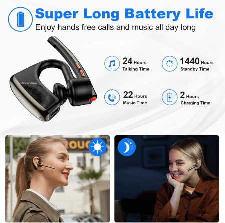 Bluetooth Earpiece V5.2 Wireless Bluetooth Headset 24Hrs Talktime CVC8.0 Dual Mic Noise Cancelling for Iphone/Android/Driver/Business/Office(Black)