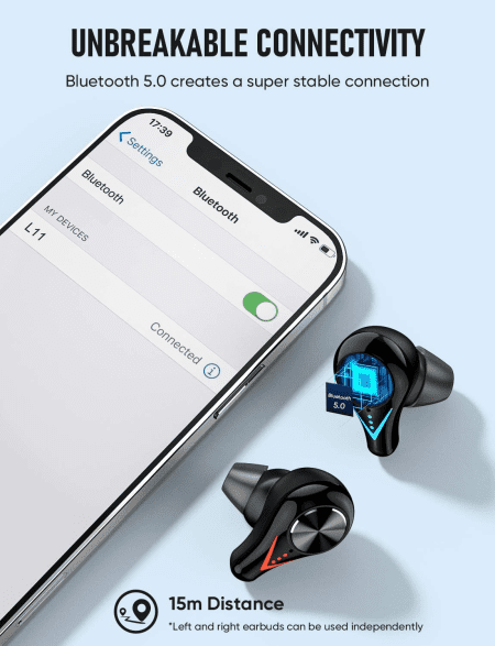 L11 Wireless Earbuds, TWS Bluetooth Earphones Touch Control, Sport Headphones with Microphone, Stereo In-Ear Headset with Bass, LED Flashlight, 210H Playtime/Cvc 8.0/USB-C, Black