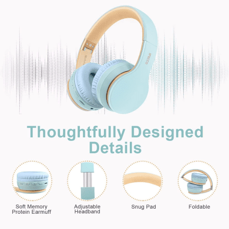 IFECCO Wireless Bluetooth Headphones over Ear with Build-In Microphone and 3.5Mm Cable for Wired Headset Mode with Comfortable Soft Earpads Long Battery Life HD Stereo Sound (Skyblue)