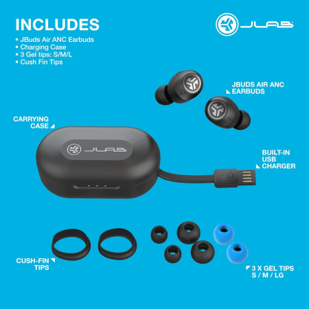 Jbuds Air ANC True Wireless Bluetooth Earbuds, Black, Active Noise Canceling, Low Latency Movie Mode, Dual Connect, IP55 Sweat Resistance, Custom 3 EQ Sound Settings…