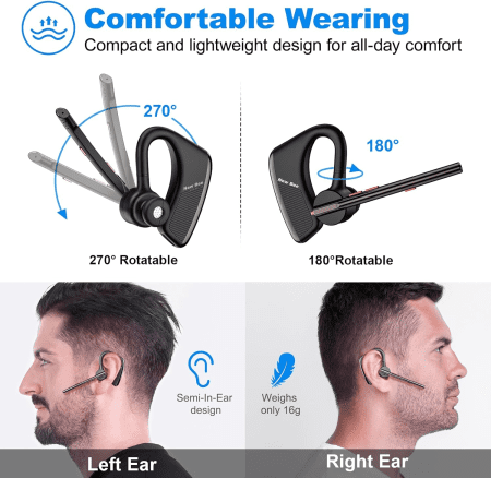 Bluetooth Earpiece V5.2 Wireless Bluetooth Headset 24Hrs Talktime CVC8.0 Dual Mic Noise Cancelling for Iphone/Android/Driver/Business/Office(Black)