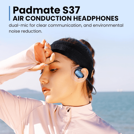 Open Ear Air Conduction Wireless Bluetooth 5.3 Headphones-Waterproof, Dual Mic Noise Cancelling Headphones, 360° Foldable Sport Running Bluetooth Headset Earphones Magnetic Charging Black