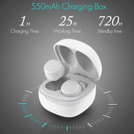 True Wireless Earbuds EP800 - Bluetooth 5.0 Headphones with Wireless Charging Case IPX6 Waterproof / 25H Playback/Built-In Microphone/Dsp Noise Reduction/Stereo Sound Earphones White