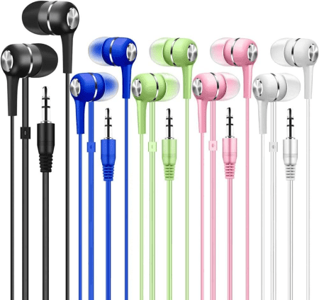 Bulk Earbuds 50 Pack Multi Colored for Classroom Kids Child Teen, Factorymall Wholesale Disposable Earbuds Earphones Headphones for School,Students,Library Computer Lab,Donate(5 Colores)