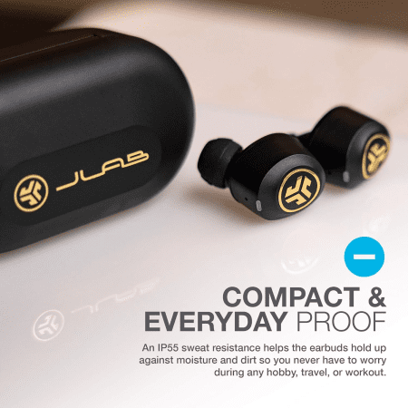 Jbuds Air Icon True Wireless Signature Bluetooth Earbuds + Charging Case, Black & Gold, IP55 Sweat Resistance, Bluetooth 5.0 Connection, Stereo Phone Calls, 3 EQ Sound Settings