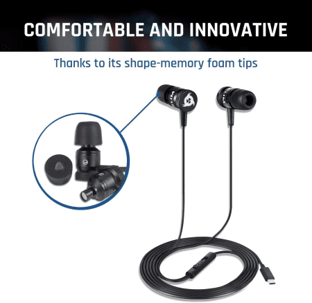 Fusion C - USB-C Earbuds with Microphone + Long-Lasting Wired Ear Buds + 5 Years Warranty - Innovative: In-Ear with Memory Foam + Earphones with Mic and 3.5 Mm Jack - New Version 2024 - Black